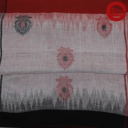 White Cotton Linen with Black and Red Floral motif and Border