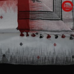 White Cotton Linen with Black and Red Diamond motif and Border