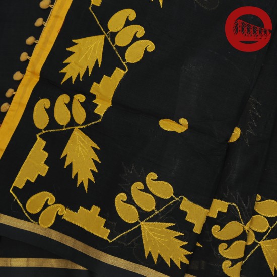 Black Cotton saree with yellow applique work