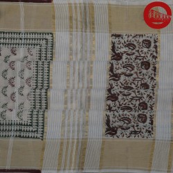White and Beidge Cotton saree with Kalamkari Print