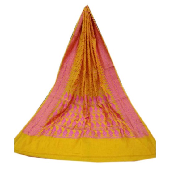 Benarasi Dhakai- Yellow Body with Pink Border and Pallu