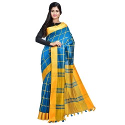 Cotton Silk Handloom - Blue and Yellow Checkered Body