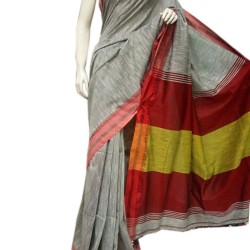 Hand loom Saree- Grey Steel with Red and yellow