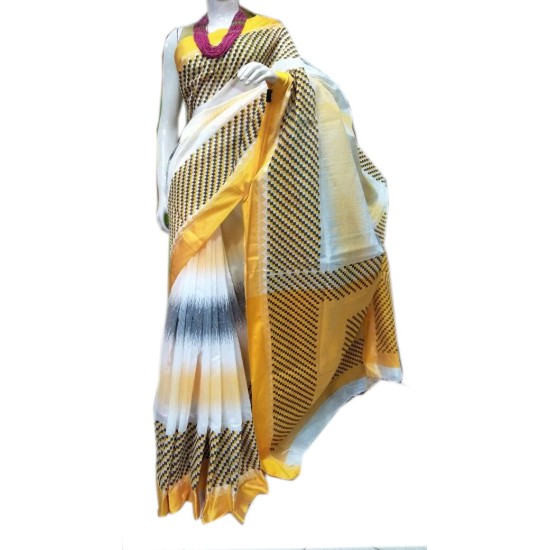 Hand Loom Saree Printed with Yellow Checkered Border