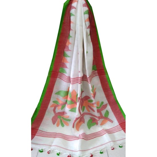 Linen Jamdani Saree - White with Red and Green Border