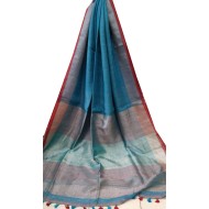 Linen Saree - Blue with Red Zari Border