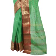 Pure Cotton Tant/Tangail Saree in Green and Thick Red Border with Gold Zari