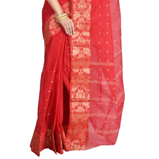 Pure Cotton Tant/Tangail Saree in Red with Gold Zari