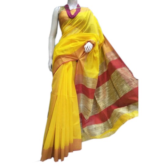 Handloom Reshom saree- Yellow and Red